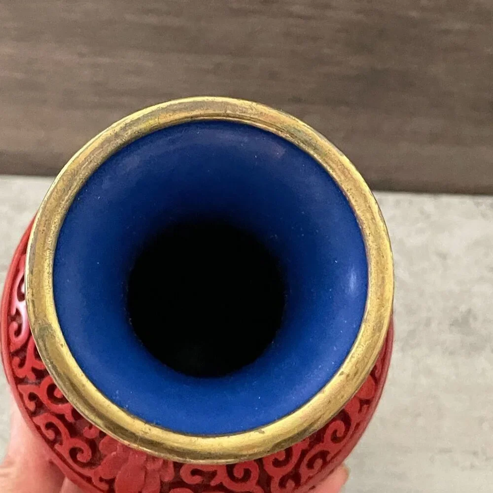 Vintage Red Cinnabar Blue Enamel Brass Hand Carved Lacquer Medium Vase 8.25